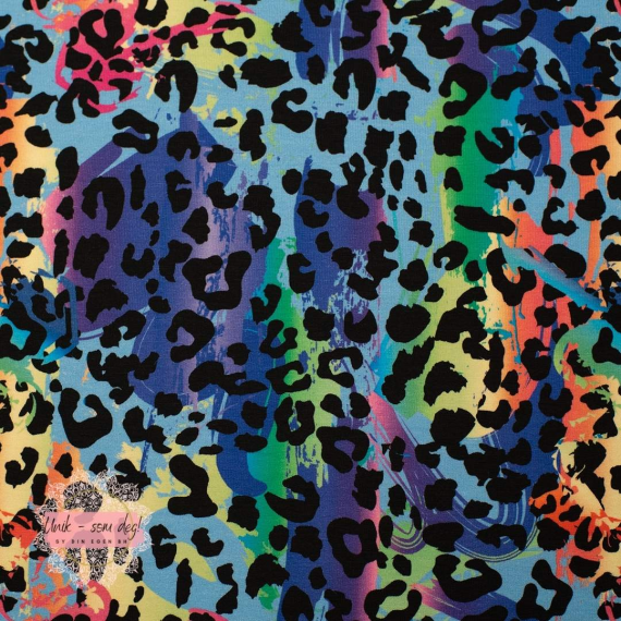 Mønstret french terry bomull - Leopard blåtoner